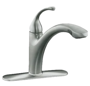 Sleek silver kitchen faucet with a curved spout and single lever handle, set on a rectangular base. It conveys a modern, minimalist design.