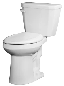 White ceramic toilet with a closed lid and a rectangular tank. It appears clean and modern, set against a plain background, conveying a utilitarian tone.