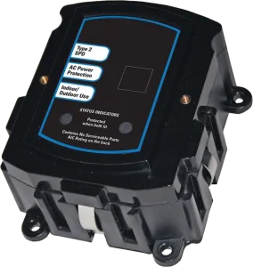 Black surge protector labeled for Type 2 SPD, AC Power Protection, and Indoor/Outdoor Use. Features status indicators and no serviceable parts.