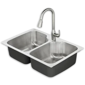 Stainless steel double kitchen sink with a high-arc faucet. The design is modern and sleek, conveying functionality.