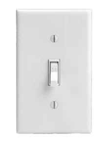 White light switch on a plain wall in the off position. The design is simple and modern, conveying a sense of minimalism and functionality.