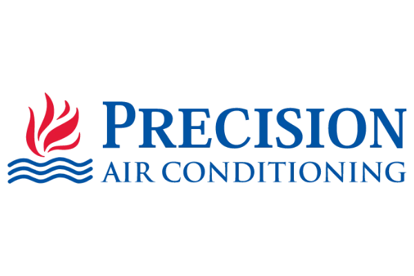 Logo for Precision Air Conditioning featuring blue text. To the left, a red flame and blue waves symbolize temperature control, conveying professionalism and reliability.