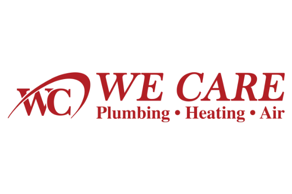 The image features a logo with WC in red stylized letters above the phrase WE CARE in bold red font. Below, it says Plumbing - Heating - Air. The tone is professional and caring.