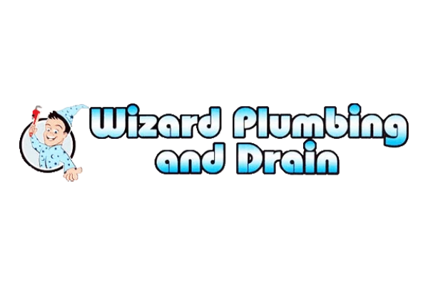 Cheerful cartoon wizard in blue robe and hat holds a red wrench, next to bold blue text Wizard Plumbing and Drain, conveying a friendly service.