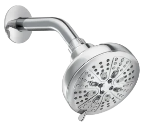 Close-up of a sleek chrome showerhead with multiple nozzles and an adjustable lever, conveying modern and functional bathroom design.