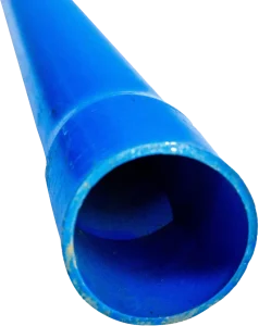 Close-up of a blue plastic pipe segment against a white background, with a slightly worn edge, indicating utility and everyday functionality.