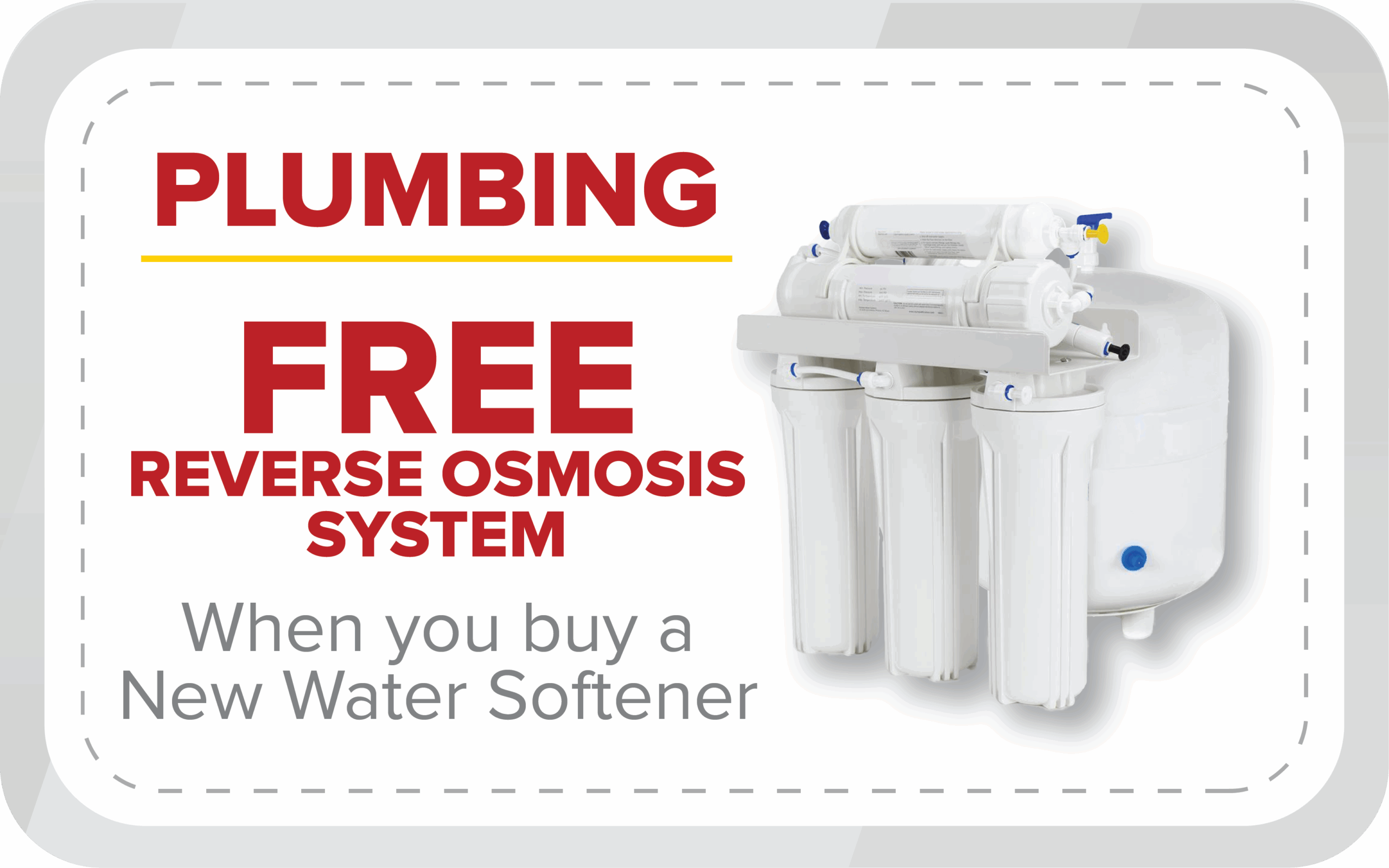 Advertisement offering a free reverse osmosis system with the purchase of a new water softener, featuring the system image on the right.