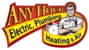 Logo for Any Hour Electric, Plumbing, Heating & Air featuring a smiling technician with crossed arms, a stopwatch, and a bold, professional tone.