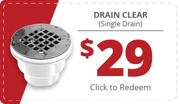 image of a coupon for $29 drain clear on a single drain. click to redeem