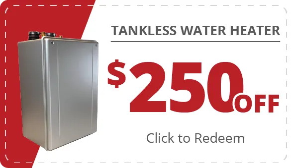 image of a coupon for $250 off of a tankless water heater. click to redeem