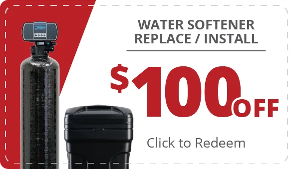 image of a coupon for $100 off of a water softener replacement or install. click to redeem