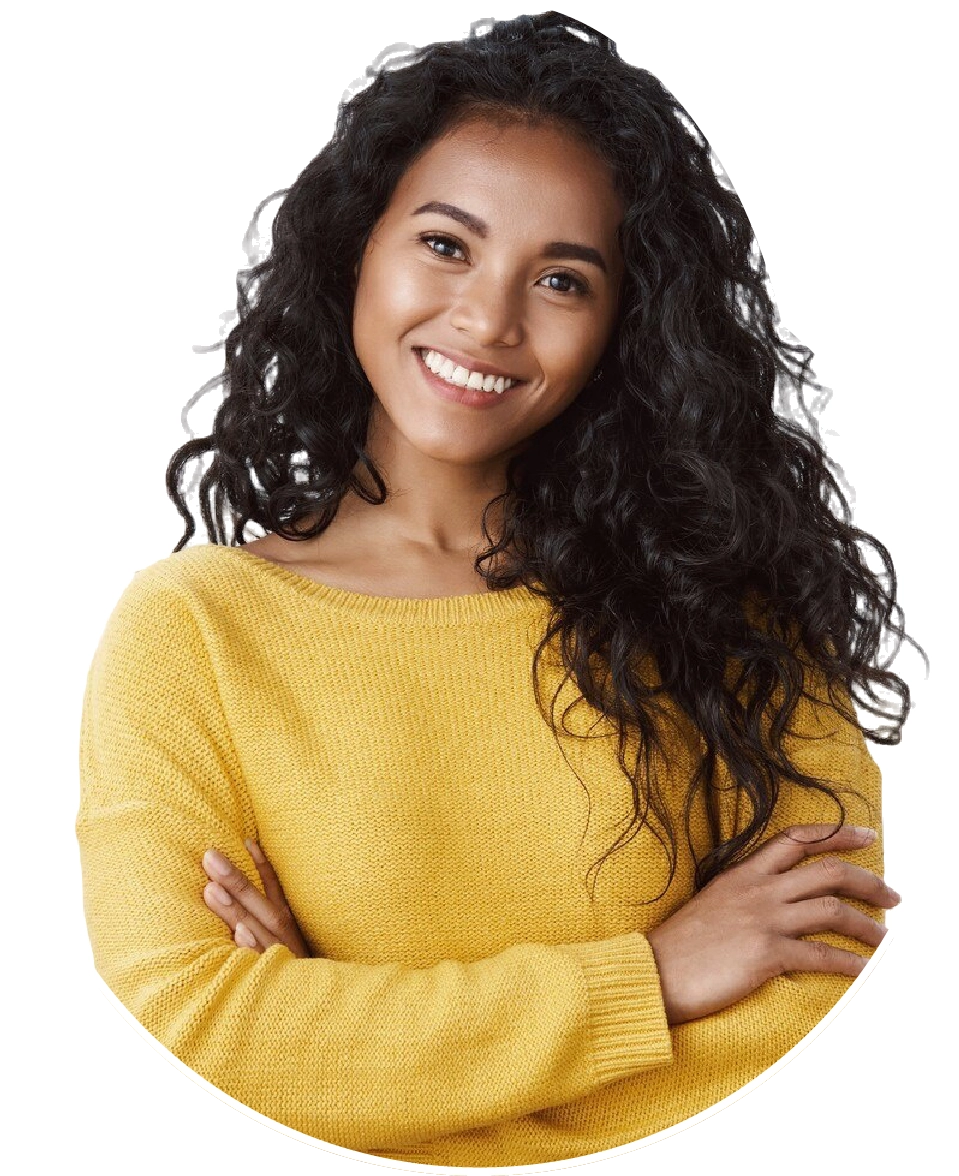 attractive african american woman curly haircut cross arms chest self assured powerful pose smiling determined wearing a yellow sweater