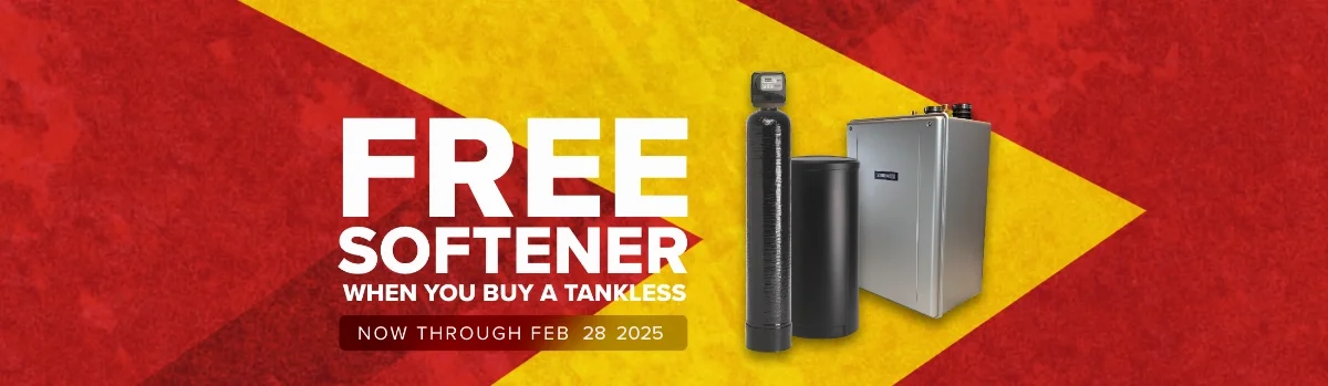 banner graphic with images of a tankless water heater, water softener and salt tank with the words Free Water Softener when you buy a tankless, now through February 28, 2025