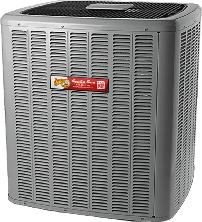 A large outdoor HVAC air conditioning unit with a vented metal exterior, featuring a label with company branding and contact information on the side, highlights the importance of considering air conditioner environmental impact.