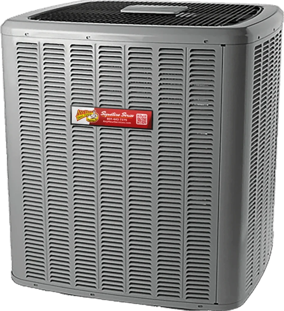 A large outdoor HVAC air conditioning unit with a vented metal exterior, featuring a label with company branding and contact information on the side, highlights the importance of considering air conditioner environmental impact.