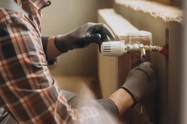 Person wearing gloves and a plaid shirt adjusts a radiator valve, performing maintenance or repair work indoors in Salt Lake City, UT.