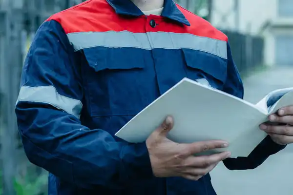 A person in a blue and red work uniform holds and reads from an open folder or document outdoors, preparing for an Electrical Safety Inspection in Salt Lake City, UT.
