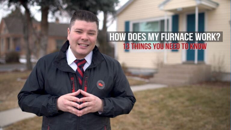A man in a suit and jacket stands outside a house, with text beside him that reads, “How does my furnace work? 13 things you need to know—including how to check your T&P valve.”.