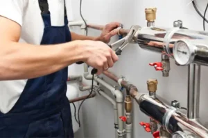Person in overalls uses a wrench to adjust pipes and valves on a plumbing system, performing heating maintenance in Salt Lake City.