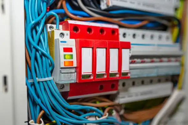Close-up of an electrical panel with blue wires and four red circuit breakers, one with indicator lights showing different statuses—ideal for Salt Lake City homes seeking reliable Home Surge Protection.