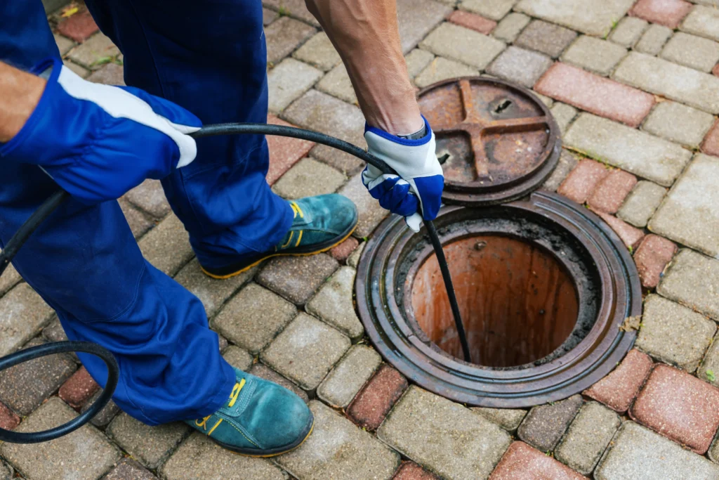 %Focuskw% | Any Hour Services A person wearing gloves and work boots uses a cable to clean a clogged outdoor drain on a brick-paved surface, preparing the area for professional Hydro Jetting Service in Salt Lake City.