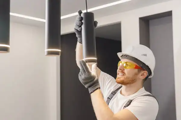 A construction worker wearing safety gear adjusts a ceiling light fixture during a lighting installation in a modern indoor setting in Salt Lake City.