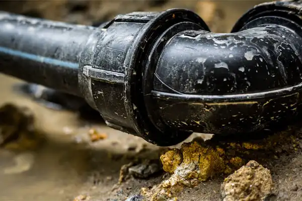 Close-up of a black plastic water pipe with a curved connector, part of a sewer line repair in muddy Salt Lake City, UT soil with small rocks around it.