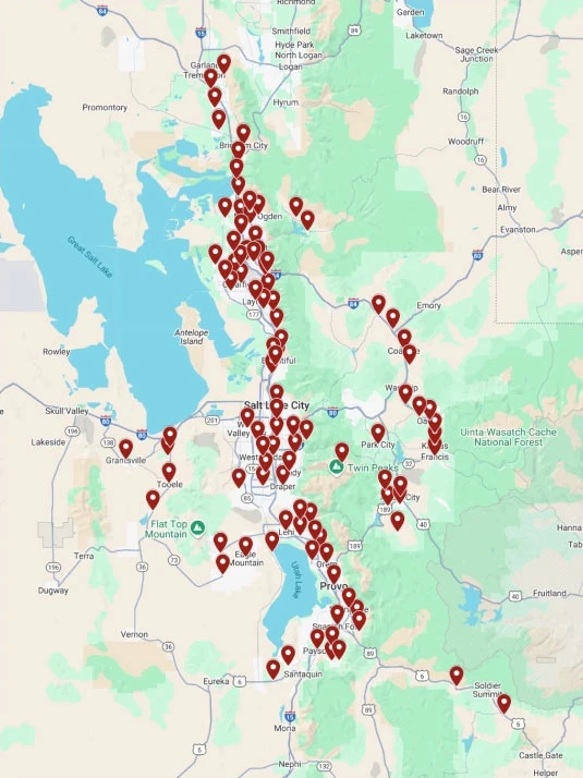 Map of northern Utah with numerous red location pins concentrated around Salt Lake City and stretching north and south along the Wasatch Front.