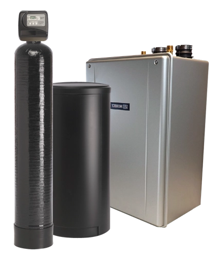 %Imagetitle% | Any Hour Services Three household water treatment units are shown: a tall black filter tank with a digital display, a black brine tank, and a rectangular silver Tankless water heater or softener system.