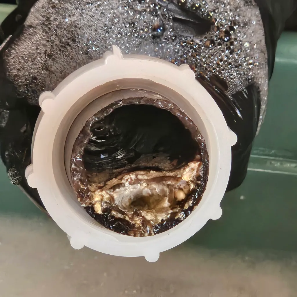 %Title% | Any Hour Services Close-up of a gloved hand holding a pipe with heavy mineral or calcium buildup and foam residue, clearly showing a stubborn clog that could lead to a serious plumbing problem.