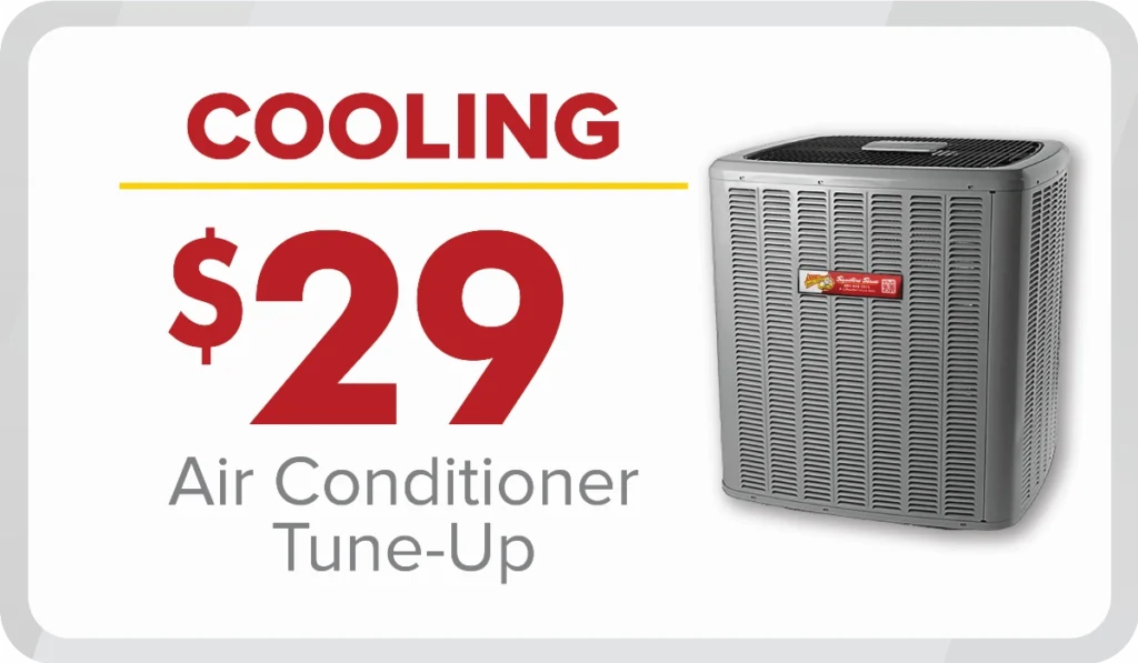 Advertisement showing "$29 Air Conditioner Tune-Up" with an image of an air conditioning unit and the word "COOLING" in large red text. Take advantage of our July 2024 promotions and stay cool all summer!.