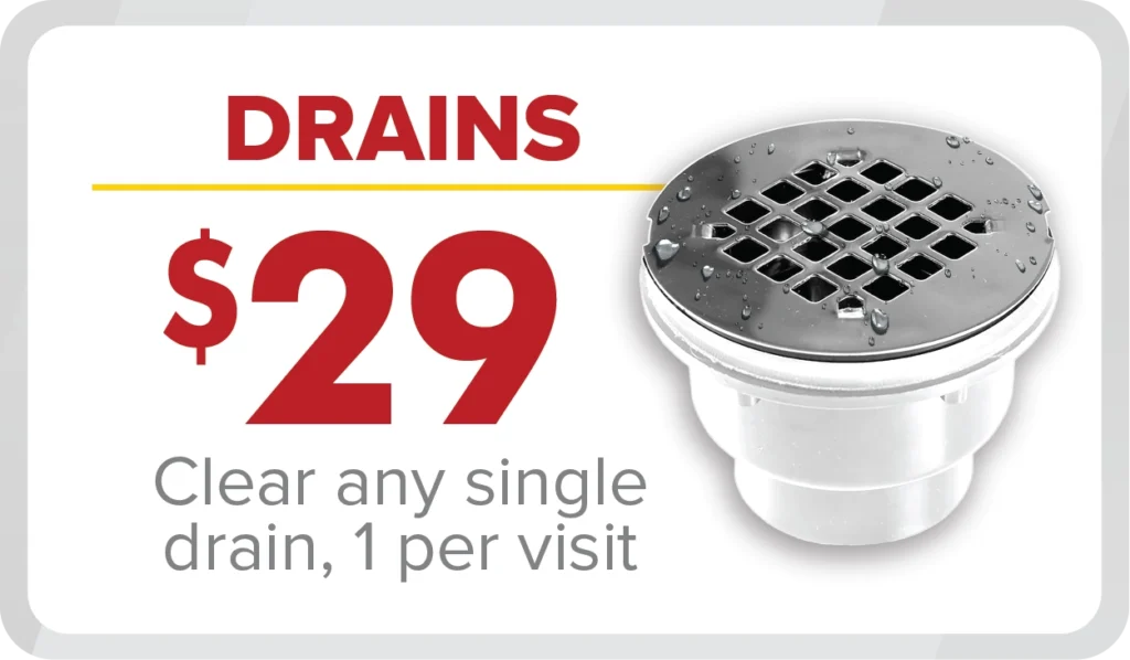 %Focuskw% | Any Hour Services Advertisement showing a metal drain cover with water drops, highlighting our $29 drain clearing service—limited to one drain per visit. Take advantage of our exclusive July 2024 promotions!.