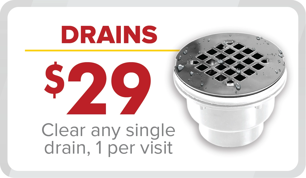 %Focuskw% | Any Hour Services Advertisement showing a metal drain cover with water drops, highlighting our $29 drain clearing service—limited to one drain per visit. Take advantage of our exclusive July 2024 promotions!.