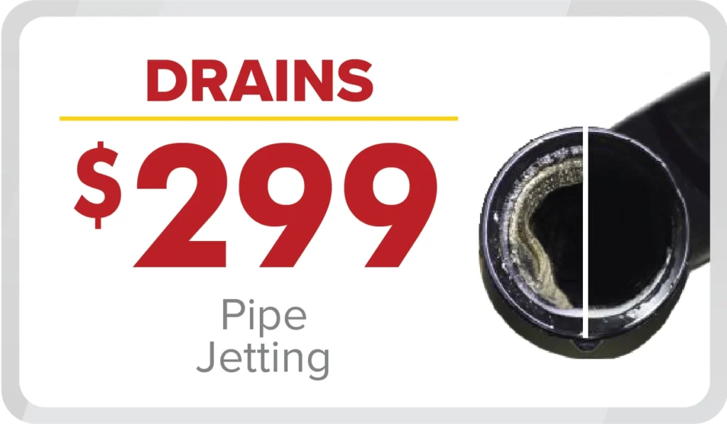 %Focuskw% | Any Hour Services Advertisement showing "DRAINS $299 Pipe Jetting" with an image of a pipe, half dirty and half clean, to illustrate cleaning service. Don’t miss our March 2024 promotions for fresh, clean pipes at an unbeatable price!.