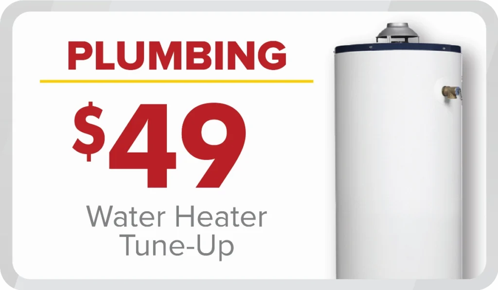 %Focuskw% | Any Hour Services Ad for a $49 water heater tune-up service, featuring July 2024 promotions with bold red text showing the price and plumbing service next to a white water heater.