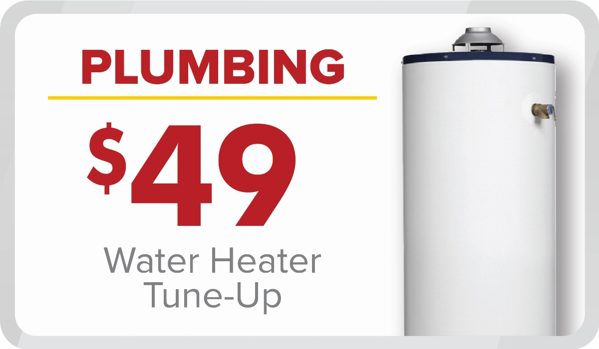 %Imagetitle% | Any Hour Services Ad for a $49 water heater tune-up service, featuring July 2024 promotions with bold red text showing the price and plumbing service next to a white water heater.