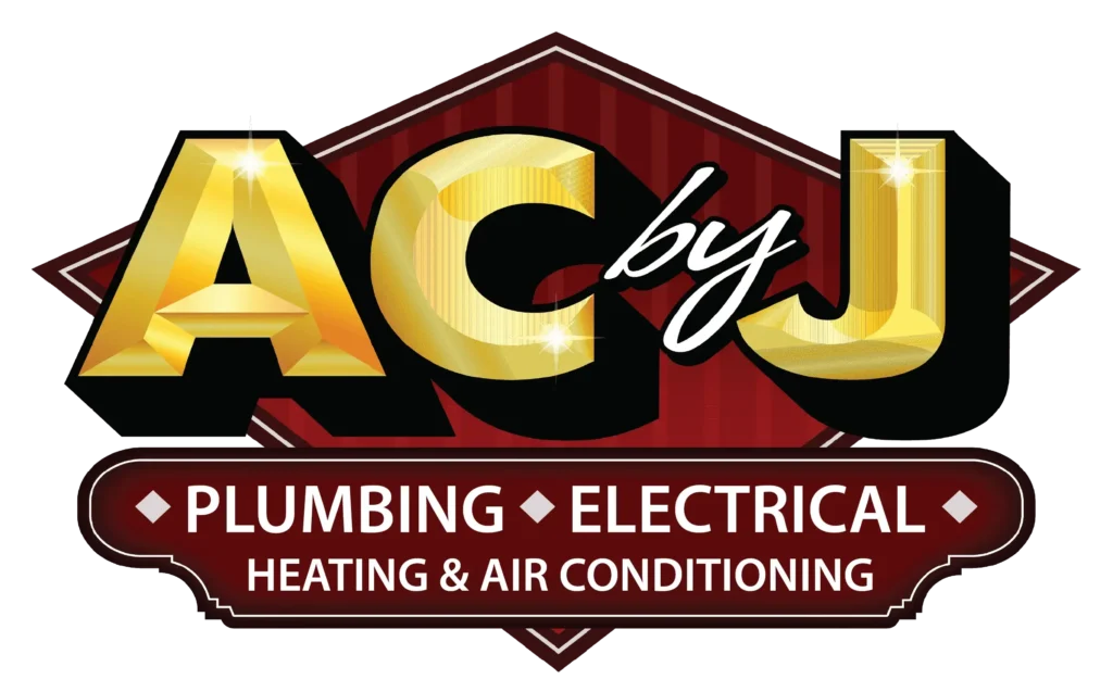 Logo for "AC by J" with bold gold letters and text below listing services: Plumbing, Electrical, Heating & Air Conditioning on a red and black background.