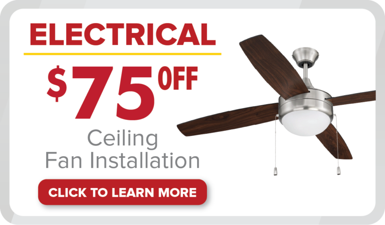 Take advantage of our May 2025 promotions—get $75 off ceiling fan installation! Featuring a sleek modern ceiling fan image and a "Click to Learn More" button.