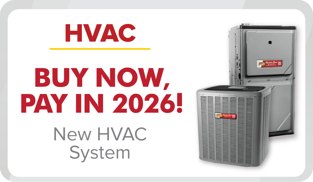 %Imagetitle% | Any Hour Services Image shows an ad for HVAC systems with the text: "HVAC. Buy now, pay in 2026! New HVAC System." Two HVAC units are pictured on the right side, highlighting our exclusive June 2025 Promotions.