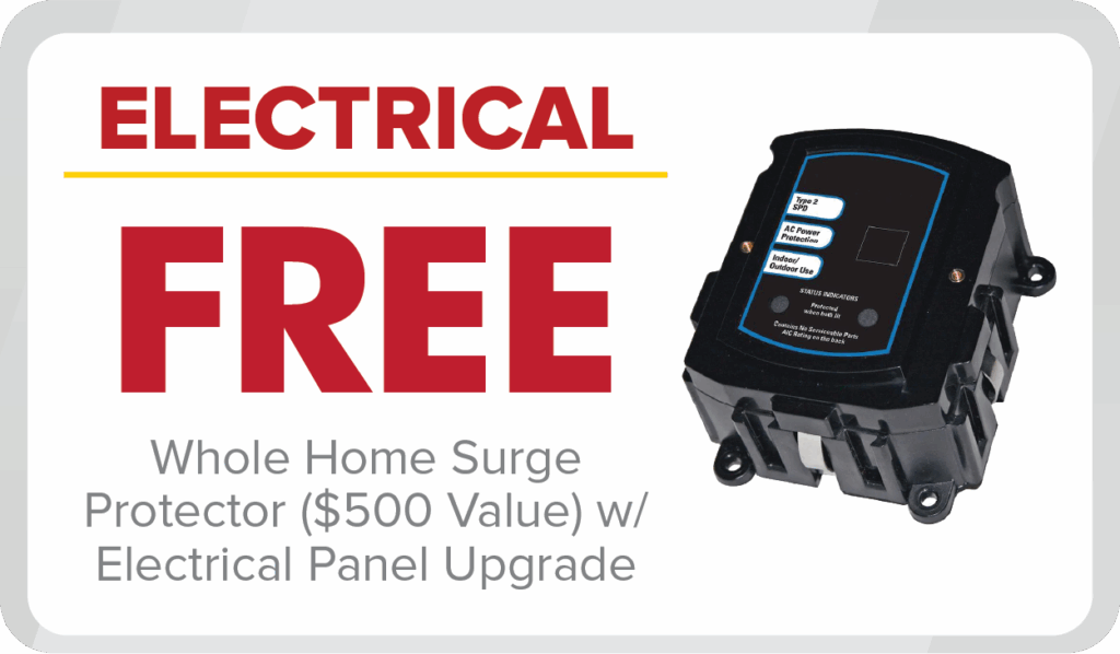 %Imagetitle% | Any Hour Services Take advantage of our June 2025 Promotions—get a free whole home surge protector with your electrical panel upgrade! Image features a sleek black surge protector device.