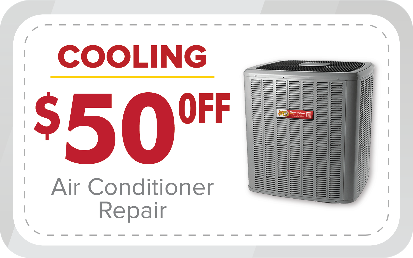 %Imagetitle% | Any Hour Services Coupon offering $50 off air conditioner repair as part of June 2025 promotions, featuring a gray air conditioning unit and bold "COOLING" text at the top.