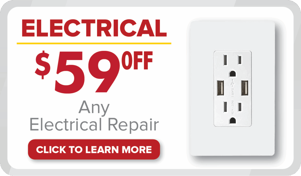 %Title% | Any Hour Services Ad offering $59 off any electrical repair as part of our December 2024 promotions, featuring a white electrical outlet with USB ports and a red button labeled "Click to Learn More.