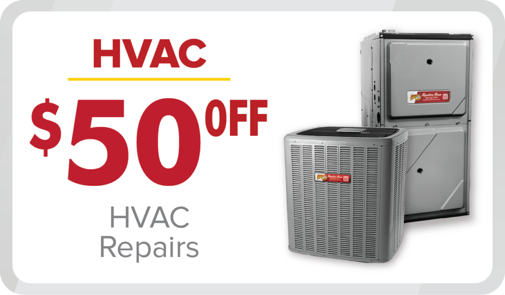 Take advantage of our May 2025 promotions—get $50 off HVAC repairs! Coupon features images of an air conditioning unit and a furnace.
