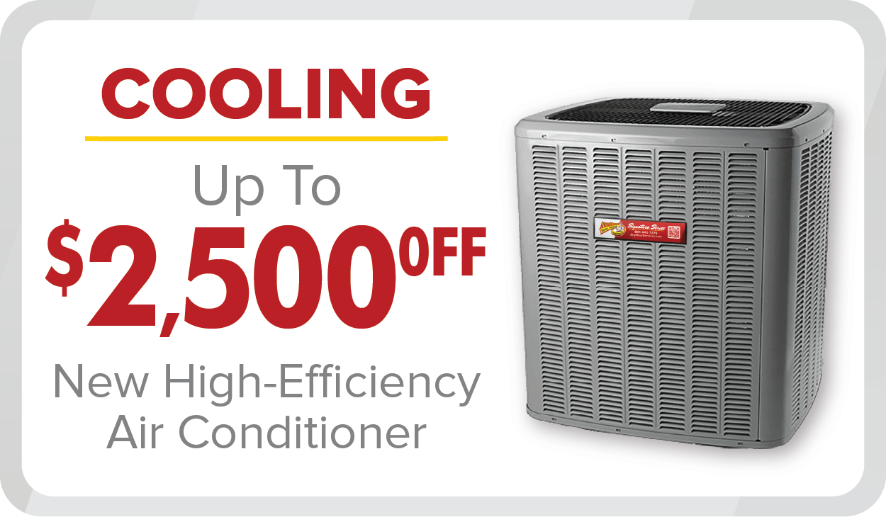 Ad offering up to $2,500 off a new high-efficiency air conditioner with our May 2025 Promotions, featuring an image of a sleek gray outdoor AC unit.