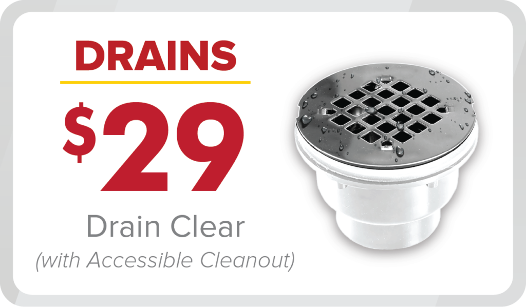 %Imagetitle% | Any Hour Services Advertisement showing a silver drain with water droplets and text: "DRAINS $29 Drain Clear (with Accessible Cleanout)"—don't miss our June 2025 promotions!.
