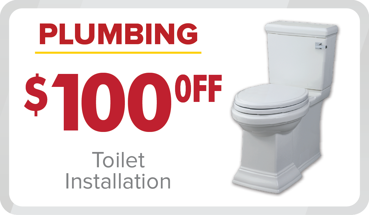 Ad offering $100 off toilet installation services as part of our May 2025 Promotions, featuring a white toilet and bold text highlighting the plumbing discount.