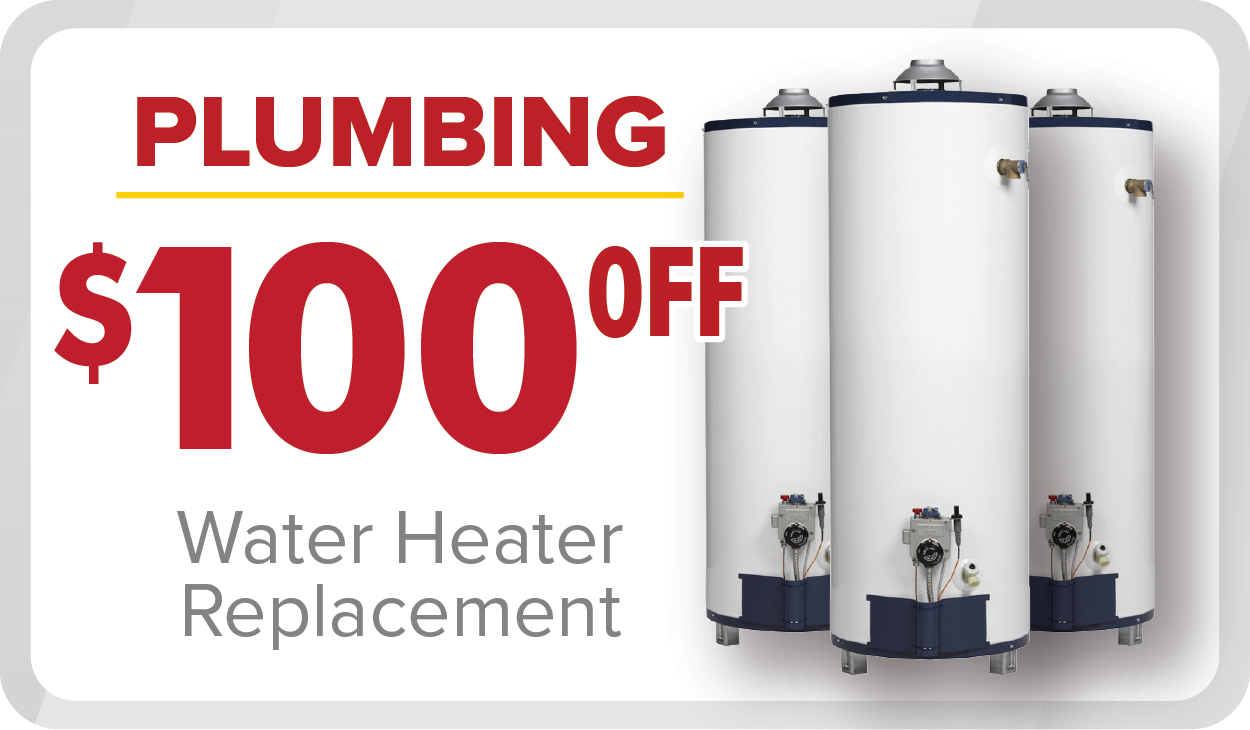 %Title% | Any Hour Services Three water heaters beside text advertising $100 off plumbing and water heater replacement services—don’t miss our August 2024 promotions!.
