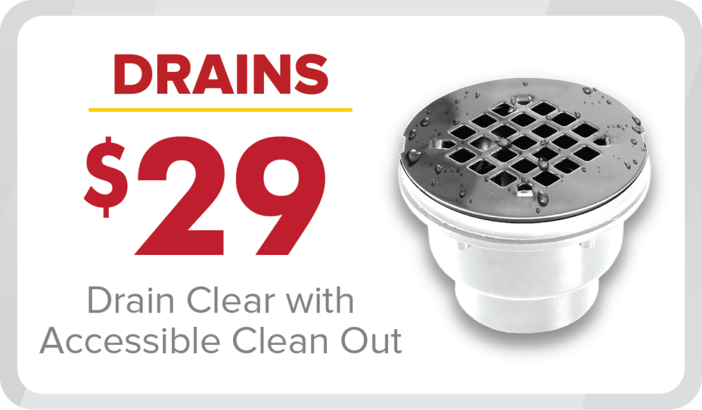 %Focuskw% | Any Hour Services Advertisement for drain cleaning services featuring a metal drain cover with water droplets and text: "DRAINS $29 Drain Clear with Accessible Clean Out. Ask about our April 2025 promotions!.