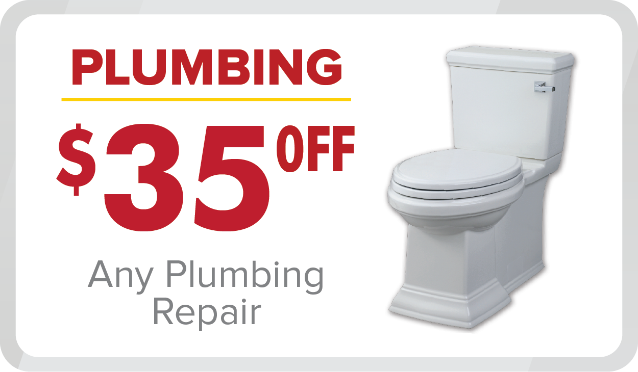 %Focuskw% | Any Hour Services Advertisement offering $35 off any plumbing repair as part of our March 2025 promotions, with a photo of a white toilet on the right side.