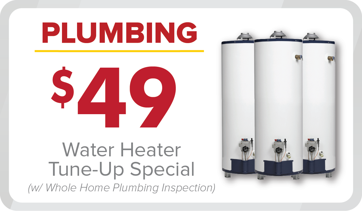 %Focuskw% | Any Hour Services Take advantage of our April 2025 promotions! Get a $49 water heater tune-up—including a complete home plumbing inspection. Three water heaters pictured on the right.